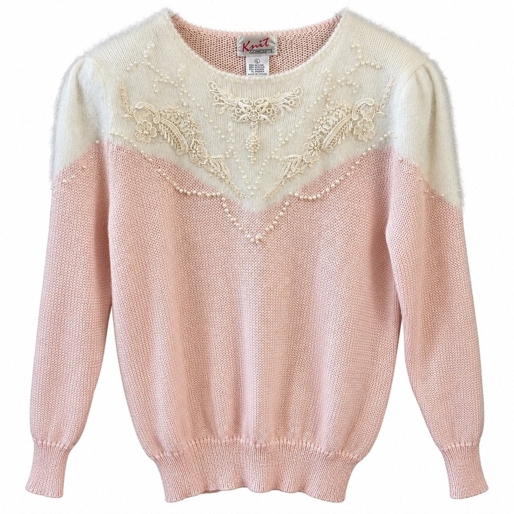 Vintage 80s Coquette Sweater L Mohair Angora Pearl Lace Pink Shoulder Pads